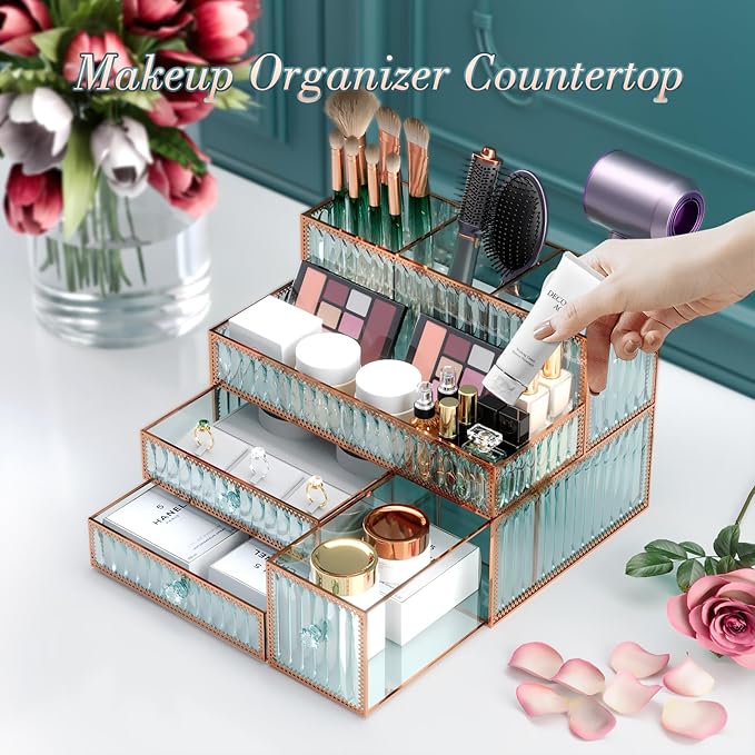 Youdepot Makeup Organizer Countertop - Tempered Glass Vanity Organizer for Cosmetics, Skincare, Hair Tools, Brushes, Perfume - Multipurpose Bathroom Counter Skincare Organizer - Image 4