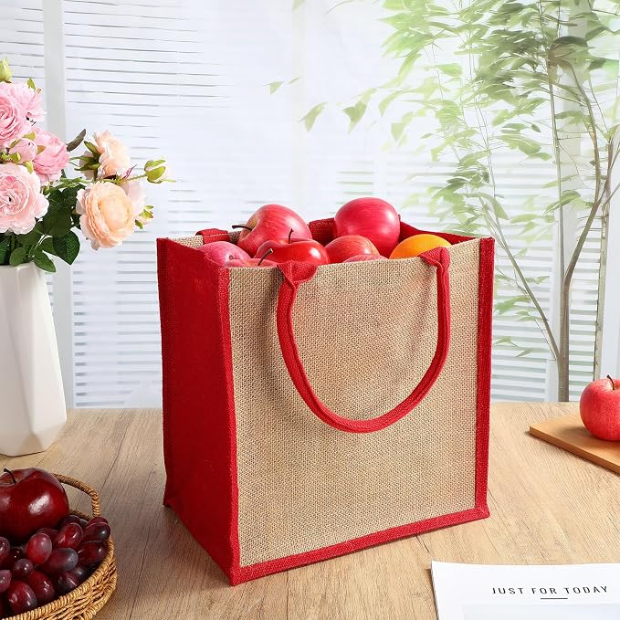 Saintrygo 12 Pcs Burlap Jute Tote Bags with Handle Reusable Blank Bridesmaid Gift Bags for Shopping Wedding DIY, 12x12x7.7In(Jute and Red) - Image 5