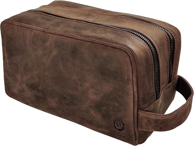 RUSTIC TOWN Full Grain Leather Travel Toiletry Bag - Cosmetic Ditty Kit Organizer (Dark Brown) by RusticTown