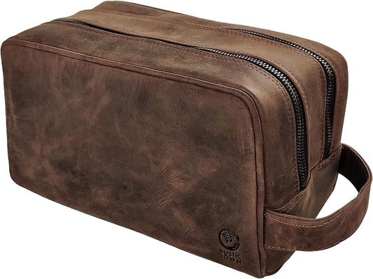 RUSTIC TOWN Full Grain Leather Travel Toiletry Bag - Cosmetic Ditty Kit Organizer (Dark Brown) by RusticTown