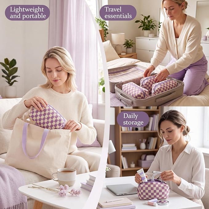 Gilprop 8 Pcs Checkered Makeup Bag for Purse Small Cosmetic Pouch Bulk Portable Zipper Makeup Pouch Travel Toiletry Organizer Gifts for Women Bridesmaid Wedding Party Favors (Purple) - Image 5