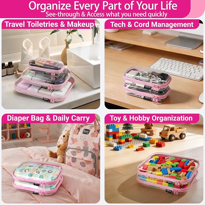 YQBRAO 3-Pack Large Clear Hard Shell Zipper Case, 1.2mm Ultra-Thick Rigid Toy & Closet Organizer, Heavy-Duty Diaper Bag Pouch Set with YKK Zippers, Waterproof Travel Storage (Pink) - Image 3