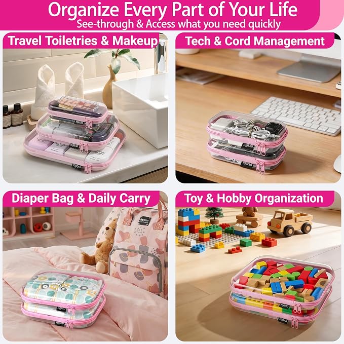 YQBRAO 3-Pack Large Clear Hard Shell Zipper Case, 1.2mm Ultra-Thick Rigid Toy & Closet Organizer, Heavy-Duty Diaper Bag Pouch Set with YKK Zippers, Waterproof Travel Storage (Pink) - Image 3