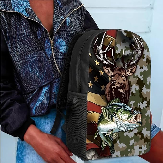 GIFTPUZZ Deer Fish American Flag Backpack 17 Inch Set Boys | Camo 4-Piece Lunchbox Combo, Water Bottle Sleeve, Elementary School Book Bags, Ages 8-10 - Image 4