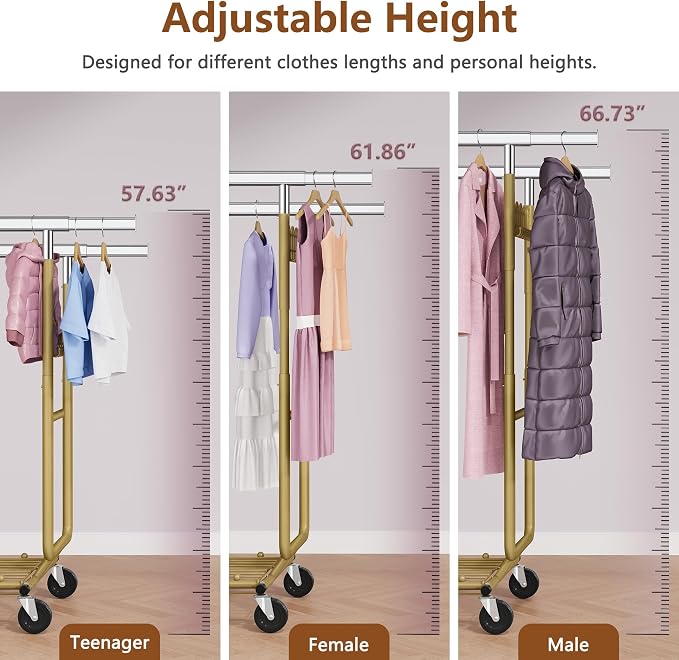 Hoctieon 2-Minute Assembly Double Rod Clothes Rack, Heavy Duty Rolling Clothing Racks with Wheels, Foldable Commercial Garment Rack, Extendable Hanging Bar, Adjustable Metal Pole with Hooks, Gold - Image 8