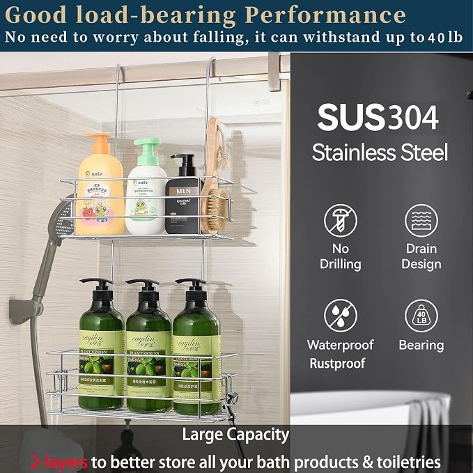 Hanging Shower Rack Shower Caddy with Rotatable Hook bar Over the Door and Can be Hung on the Faucet or Claw Foot, 304 Stainless Steel Rust Proof and Durable (Double-Layer) - Image 2