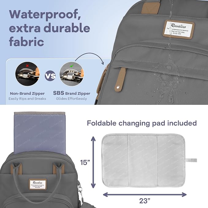 RUVALINO Diaper Bag Backpack, Multifunction Travel Back Pack Maternity Baby Changing Bags, Large Capacity, Waterproof and Stylish, Iron Gray - Image 7