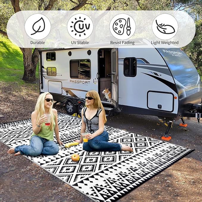 Waterproof Outdoor Rug 9x12ft, Bohemia Reversible Plastic Straw Mat for Patio RV Deck Porch Backyard Balcony Camping Picnic Beach Indoor Outdoor Carpet, Black&White - Image 5