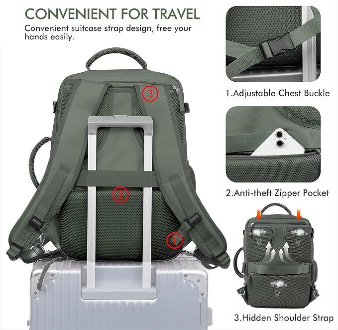 Beraliy Travel Backpack for Men Women, Carry On Backpack, 16 Inch Laptop Backpack, Waterproof Hiking Backpack, Casual Outdoor Daypack College Bag, Olive-green - Image 7