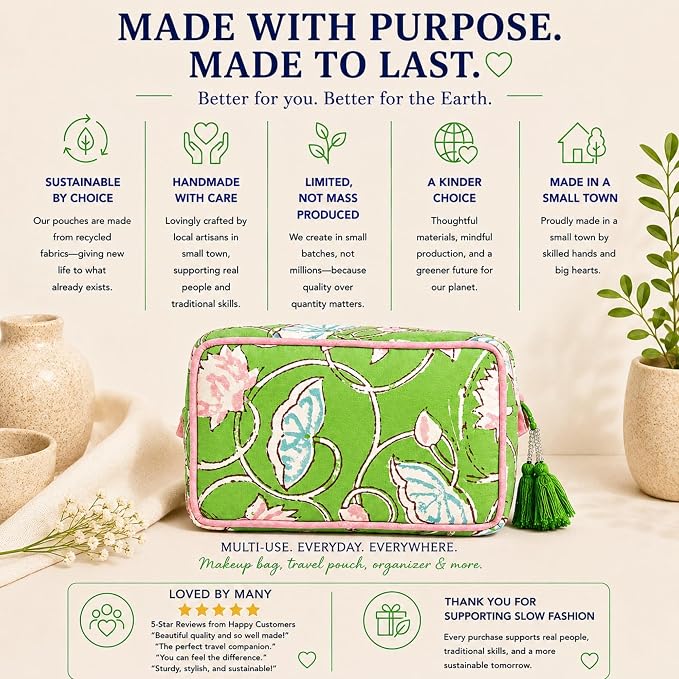 Huar Travel Makeup Bag- Large Capacity Cosmetic Bags for Women - Water Resistance Lining Portable Pouch & Open Toiletry Bag - Perfect Girls Makeup Organizer for Travel Essentials (Lime & Pink Floral) - Image 5