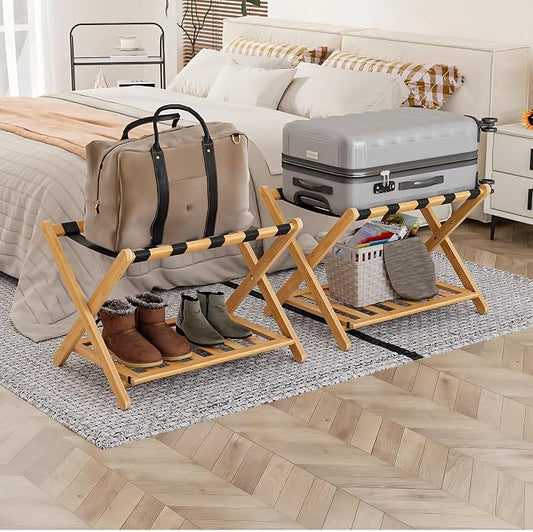 Smart FENDEE Fully Assembled Luggage Racks Pack of 2, Folding Suitcase Stand with Storage Shelf, Bamboo Luggage Stand with 5 Nylon Straps for Guest Room, Bedroom, Heavy Duty, Natural by SmartFENDEE