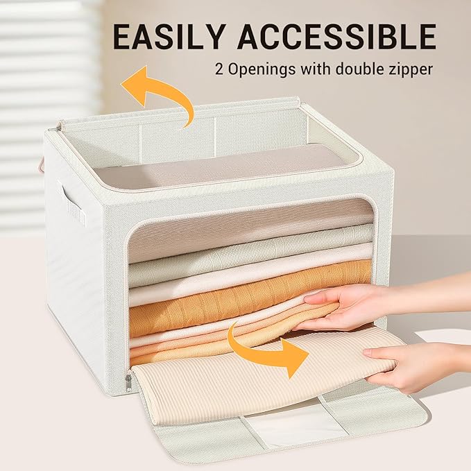 Clothes Storage Bins with Metal Frame, Foldable Clothes Organizers Storage Containers for Clothes, Sheets, Blankets, Pillows and Towels (66L, 3 Pack) Beige - Image 5