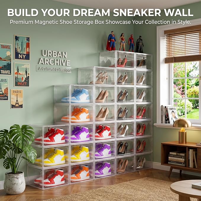 Large Shoe Boxes Clear Plastic Stackable, 8 Pack Drop Side Shoe Storage Organizer with Magnetic Door, Shoe Container Sneaker Storage Display Case Fit up to US Size 13 CLEAR - Image 5