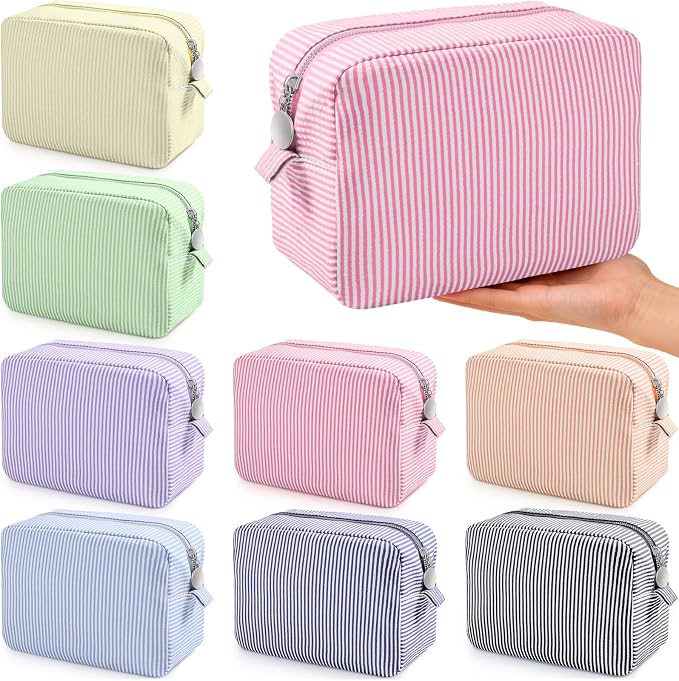 Giesiery 8 Pcs Seersucker Makeup Bags Striped Cosmetic Bags Bulk Organizer for Women Preppy Travel Toiletry Pouch for Wedding Bridesmaid Gifts (Pastel Color, Large) by Giesiery