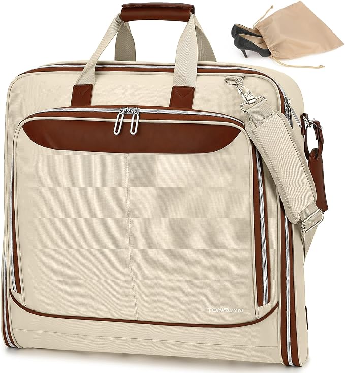 Travel Garment Bag Carry on Suit Bag for Women 51'' Waterproof Garment Bags Dress Bag for Travel Business Hanging Suitcase Luggage with Shoulder Strap Free shoes bag Fit 15.6'' Laptop, Beige by TONRUYN