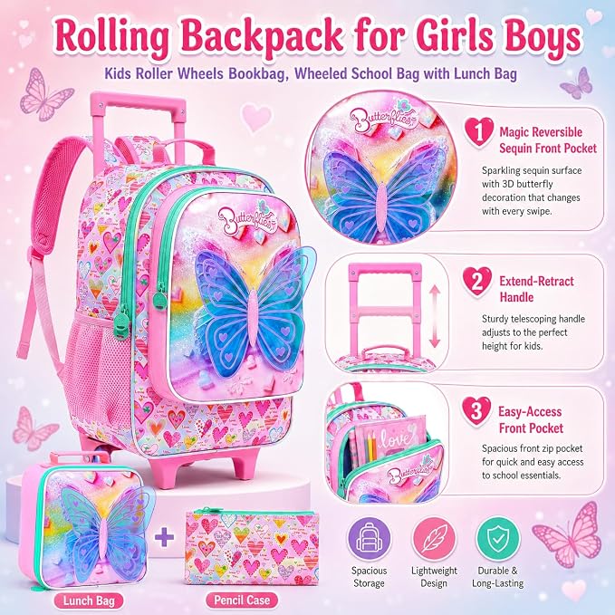 AGSDON 3PCS Rolling Backpack for Girls Boys, Kids Roller Wheels Bookbag, Wheeled School Bag with Lunch Bag - Image 7