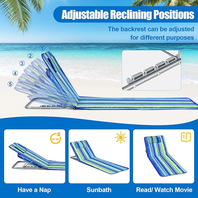 GYMAX Beach Chairs, Folding Tanning Lounge Chairs with Table Set, Adjustable Patio Floor Chair, Outdoor Sunbath Chair with Desk, Pillow & Storage Bag for Outside, Patio, Poolside (Blue Stripe) - Image 2