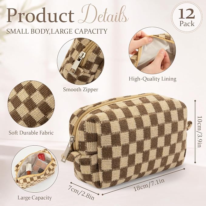 Gilprop 12 Pcs Checkered Makeup Bag for Purse Small Cosmetic Pouch Bulk Portable Zipper Makeup Pouch Travel Toiletry Organizer Gifts for Women Bridesmaid Wedding Party Favors (Brown) - Image 2