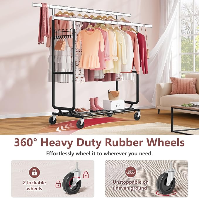 Hoctieon 2-Minute Assembly Double Rod Clothes Rack, Heavy Duty Rolling Clothing Racks with Wheels, Foldable Commercial Garment Rack, Extendable Hanging Bar, Adjustable Metal Pole with Hooks, Black - Image 6