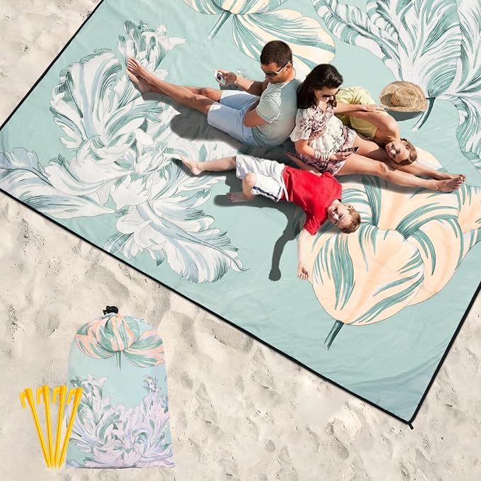 HIHOHO Beach Blanket Waterproof Sandproof Mat, Green Flower, 79"×83" | Quick Drying, Durable, For 1-8 Adults, Outdoor Picnic Beach Festival Travel Camping Hiking - Image 6