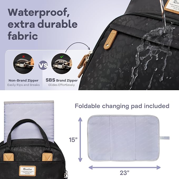 RUVALINO Diaper Bag Backpack-Multifunction Baby Travel Bag with Changing pad, Insulated Bottle Holders & Pacifier Case, Large Capacity, Waterproof, Black Leopard - Image 6