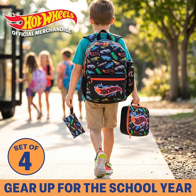 Get Trend Hot Wheels Boys Backpack 4 Piece Set | 18 In Bookbag with Insulated Lunch Bag, Pencil Case & BPA-Free Water Bottle, Adjustable Padded Straps, Gamer Gifts for Boys - Image 2