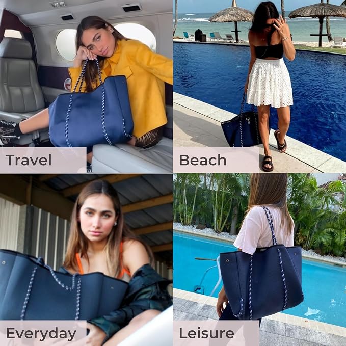 POPUPS Large Neoprene Tote Bag for Women - Everyday Designer Handbag for Travel Work and Beach with Pockets and Zipper Pouch - Image 2