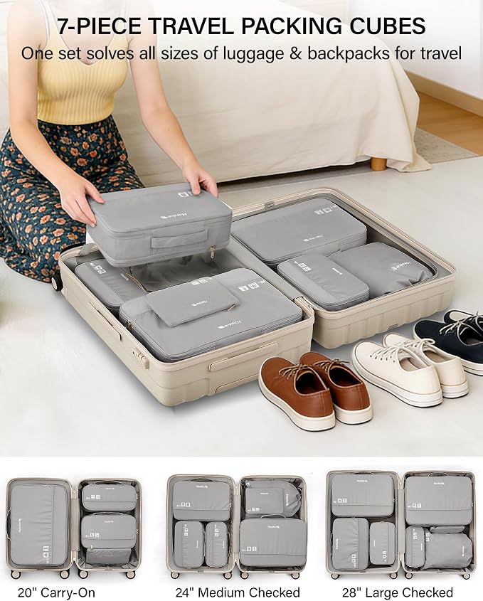 Hanke 7 Piece Expandable Compression Packing Cubes, Premium Travel Packing Organizers for Suitcases/Carry On, Luggage Organizer Bags with Breathable Mesh & Label,Light Grey - Image 8