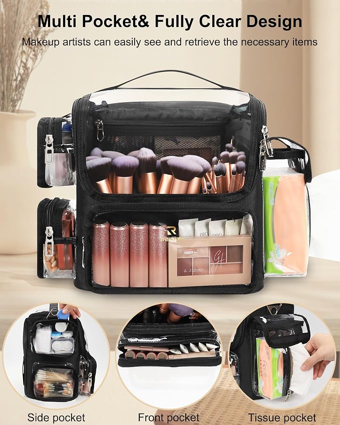 TANTO Makeup Brush Bag, Makeup Artist Bag Clear Makeup Case Professional Large Cosmetic Organizer Bag Portable Cosmetic Train Case with Adjustable Dividers & Shoulder Strap Easy to Clean - Image 3