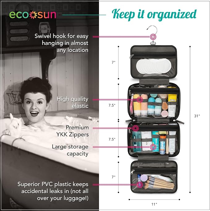 Eco Sun Hanging Travel Toiletry Bag — Designed in Hawaii — Water-resistant Travel Organizer for Bathroom Accessories (Grey) - Image 3