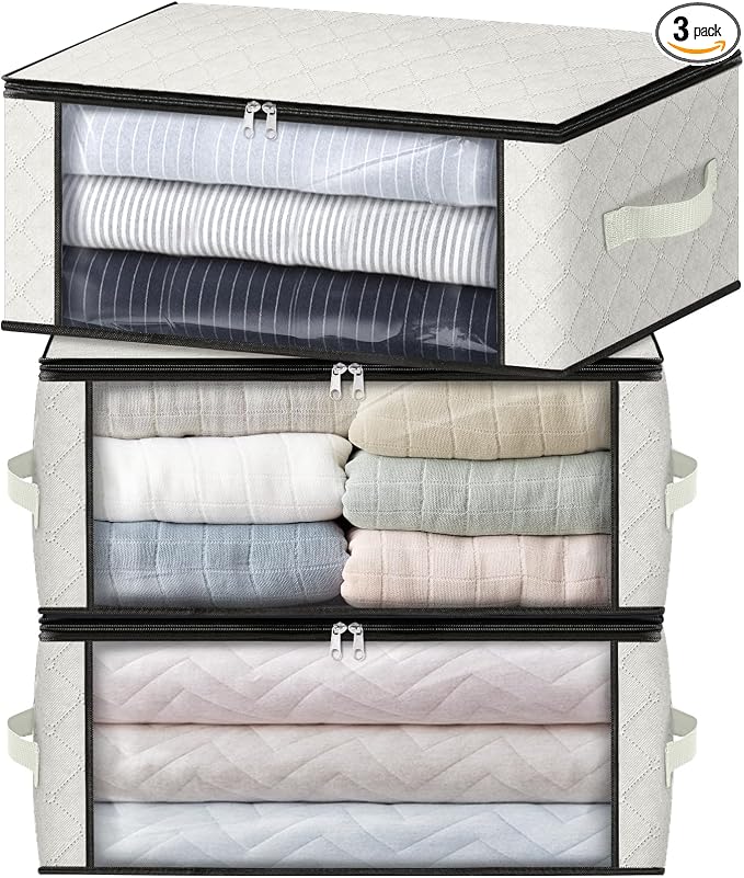 HomeHacks Storage 3-Pack Clothes Organizer Storage Bags Foldable Storage Box with Large Clear Window Sturdy Handles for Closet, Dorm, Pillows, Bedding, Clothes, Blankets, 35L, Ivory by HomeHacks