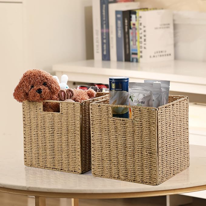 Vagusicc Wicker Storage Basket, Set of 2 Hand-Woven Storage Baskets for Shelves with Handles Foldable Cube Storage Baskets Bins, 9 inch Wicker Baskets for Pantry Bedroom Organizer &Decor, Natural - Image 4