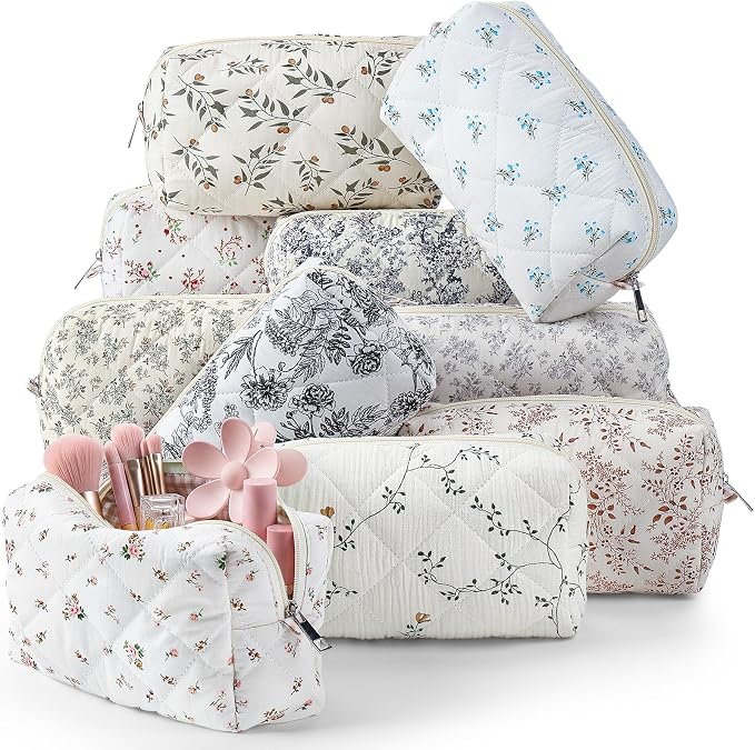 Paterr 10 Pcs Quilted Makeup Bag Bulk Cotton Floral Cosmetic Bag Women Girls Bridesmaid Gifts Cute Makeup Pouch Coquette Aesthetic Travel Toiletry Organizer (Pastel Floral,7.87 x 4.72 x 3.15 Inches) by Paterr
