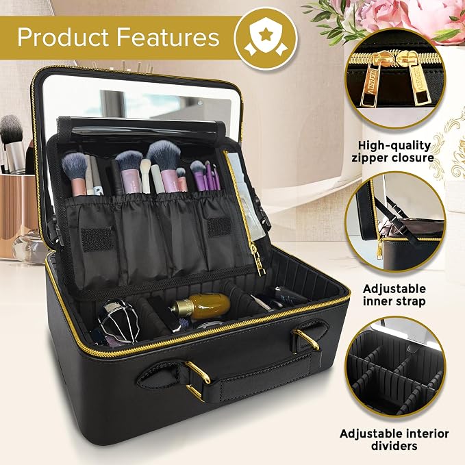 JENNI V Upscale PU Leather Makeup Bag with Light Up Mirror, 3 Brightness Settings, Adjustable Dividers - Replace Your Bulky Vanity While On the Go - Chic Travel Makeup Case Box - Makeup Organizer Bag - Image 4