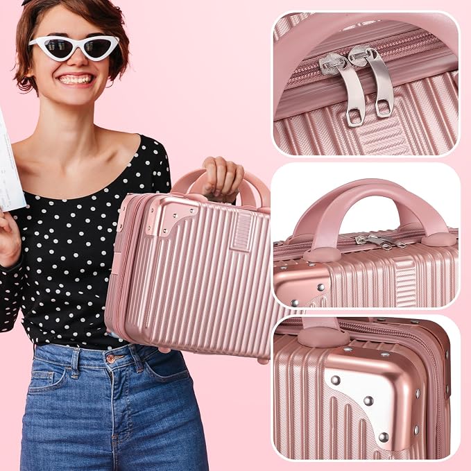 Noverlife 14 Inch Portable Makeup Travel Case Hand Luggage, Pressure-proof ABS Carrying Makeup Case Suitcase with Elastic Band, Small Hard Shell Cosmetic Case for Travel Camping Women Girl - Rose Gold | 14 Inch Hard Shell Cosmetic Case for Women Girl, ... - Image 6