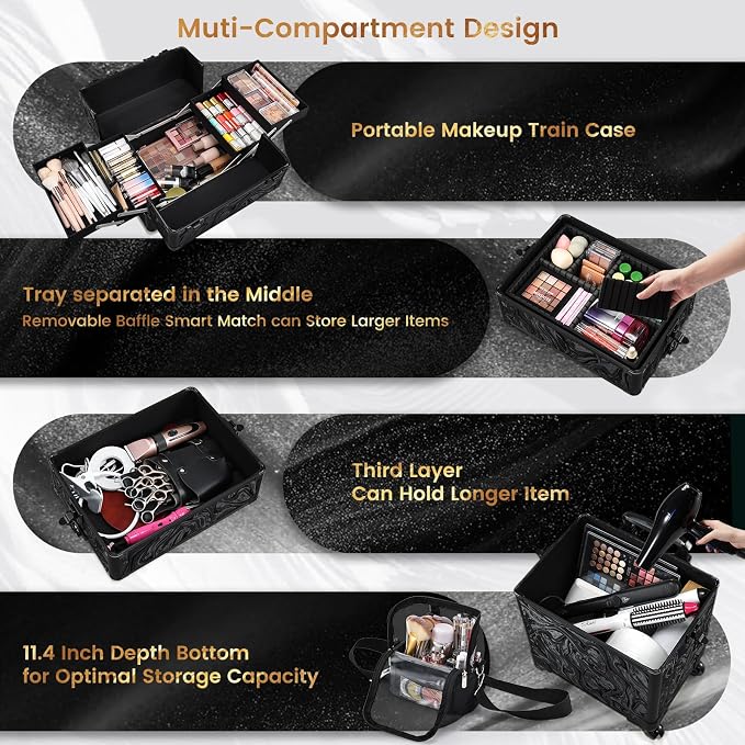 Stagiant Rolling Makeup Case 4 in 1 Cosmetology Case on Wheels Makeup Travel Case with Cosmetic Bag Key Swivel Wheels Salon Barber Case Traveling Cart Trunk Cosmetic Trolley Alpine Black - Image 2