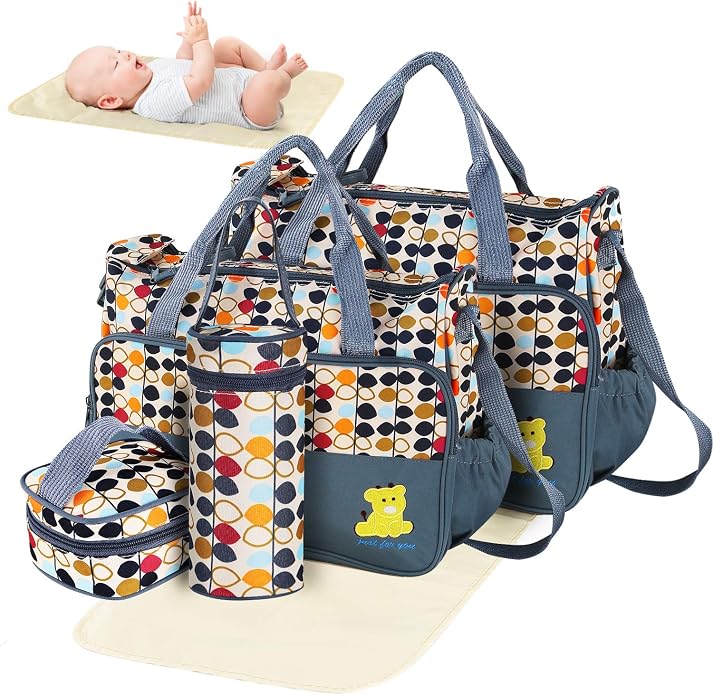 Diaper Bag Tote, Baby Bag for Girls and Boys, 5 Piece Set with Large Medium Tote Bag, Food Bag, Bottle Bag and Changing Pad, Shoulder Straps by Unknown