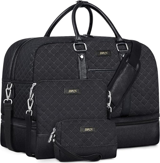 Weekender Bag for Women, Large Overnight Bag Canvas Travel Duffel Bag Carry On Tote with Shoe Compartment 21" 3Pcs Set by IBFUN
