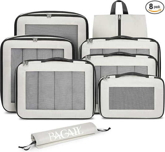 BAGAIL 8 Set Compression Packing Cubes, Expandable Luggage Organizer Bags for Travel Accessories (Beige) by BAGAIL