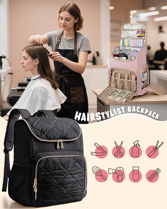 Marscamd Insulated Hairstylist Travel Bag Backpack with Detachable Dividers and Multiple Pockets, Quilted Hair Tool Travel Bag with Multiple Pockets for Hairstylist and Barber, Pink - Image 7