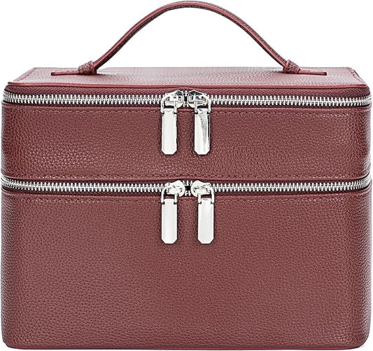 BAGOK Double Layer Makeup Vanity Case, Large Capacity Cosmetic Bag with Removable Divider & Brush Organizer, Travel Toiletry Bag for Women, Portable PU Leather Organizer with Handle by BAGOK