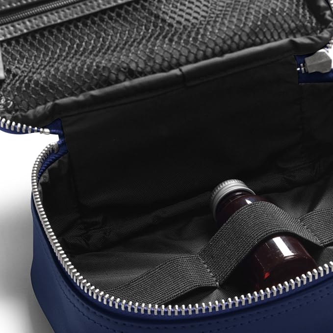 Leatherology Navy Blue Small Travel Organizer – Full-Grain Leather Tech & Toiletry Case with Zipped Mesh Pocket, Elastic Loops & Water-Resistant Lining - Image 2