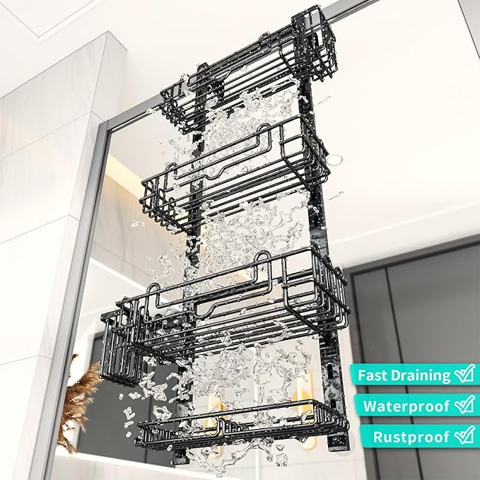 HapiRm Over the Door Shower Caddy - 4-Tier Hanging Shower Organizer with 22 Hooks and 2 Toothbrush Holders, No Drilling Adjustable Hanging Shelves for Bathroom - Black - Image 6