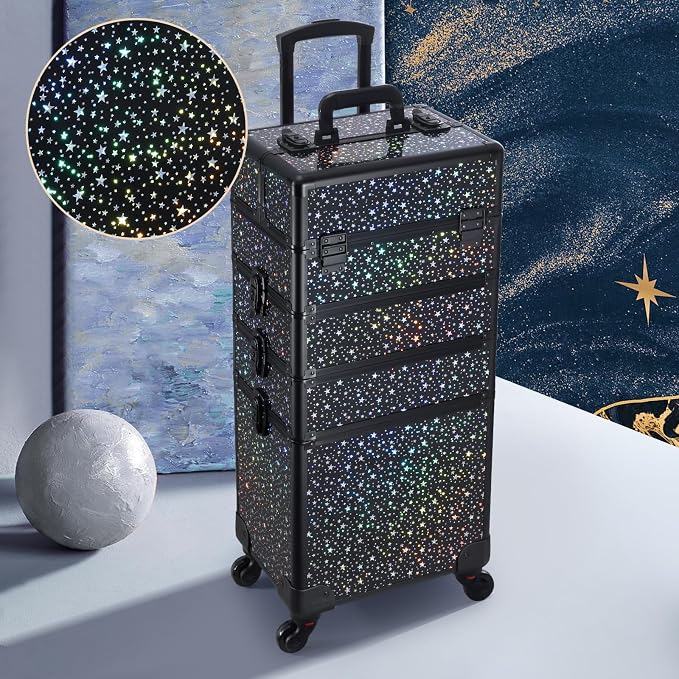 Stagiant Rolling Makeup Case Cosmetology Case on Wheels 4 in 1 Large Makeup Travel Case Nail Kits Organizer Train Case with Key Make Up Artist Salon Storage Traveling Cart Trunk Black Star - Image 2