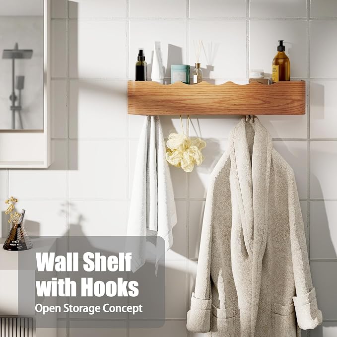 Coat Rack Wall Mount with Shelf 4 Hidden Hooks Modern Wooden Key Holder Entryway Organizer for Hallway Bedroom Bathroom Home Decor Storage for Hanging Coats Hats Bags Towels, Wave-Shape Oak - Image 7