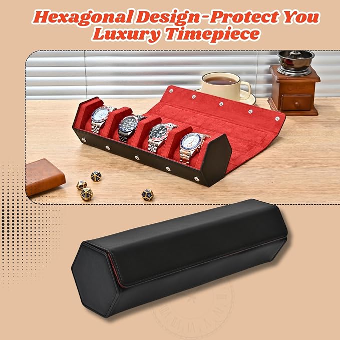 4-Slot Leather Watch Roll Travel Case with Velvet Interior,Black Red | Multiple Watch Capacity,Premium Hexagon Leather,Velvet M-Shaped Cushions,Secure Snap Closure,Storage Organizer - Image 5