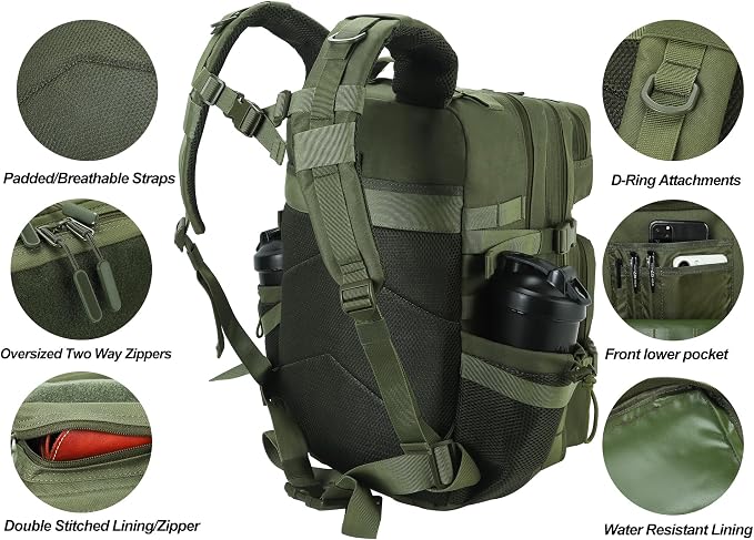 LHI Military Tactical Backpack for Men and Women 45L Army 3 Days Assault Pack Bag Large Rucksack with Molle System - Green - Image 4