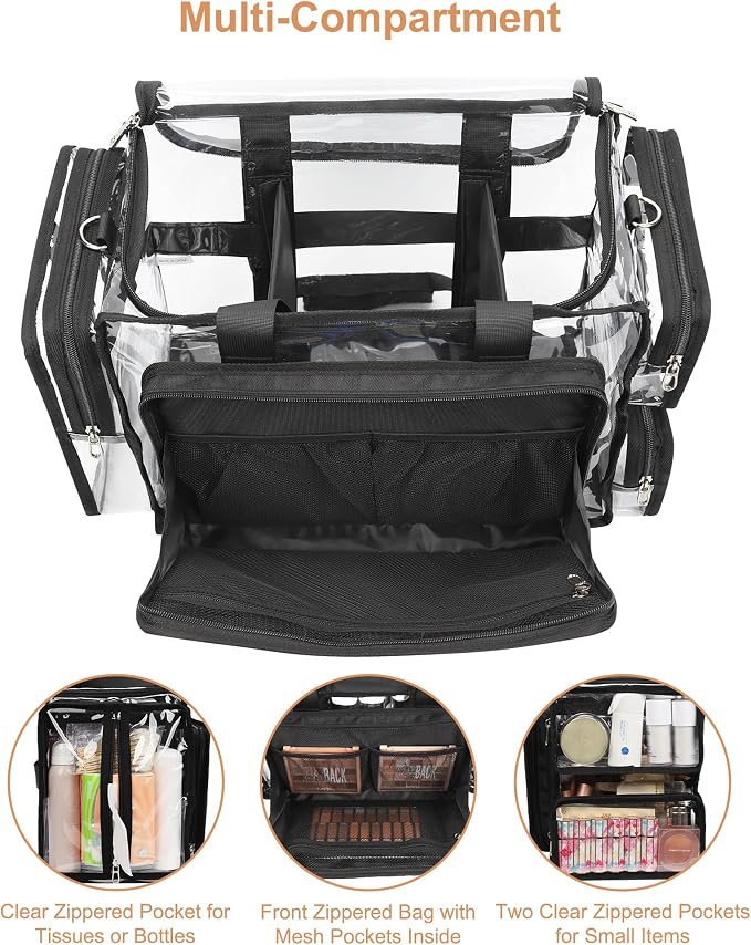 Relavel Clear Makeup Bag Extra Large Makeup Artist Kit Set, Cosmetic Storage Organizer Hair Stylist Traveling Bag, Transparent Tote Duffle Beach Toiletry Bag with Adjustable Dividers & Shoulder Strap - Image 4