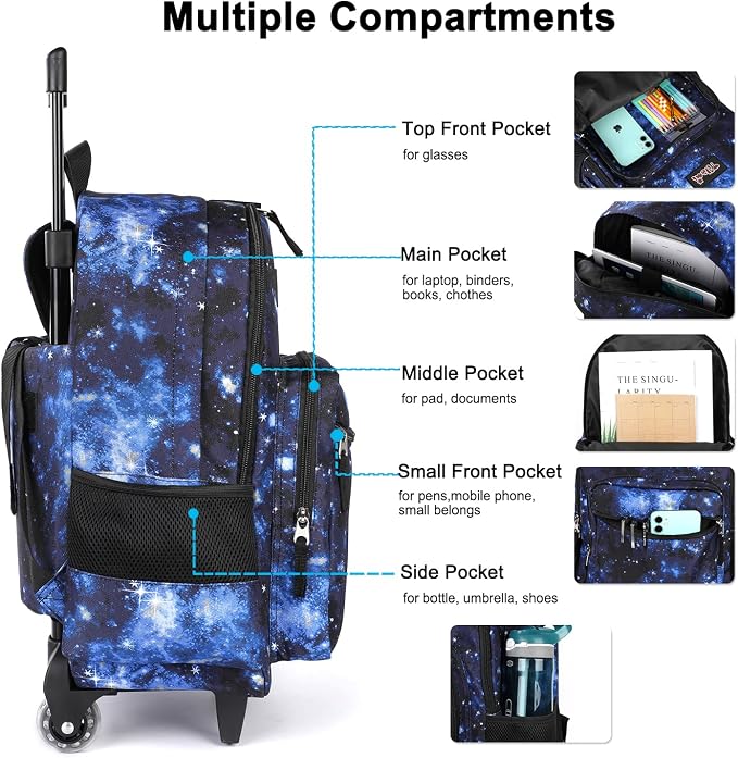 Tilami Rolling Backpack 18 inch Double Handle with Lunch Bag Wheeled Kids Backpack for Girls and Boys, Galaxy Blue - Image 4