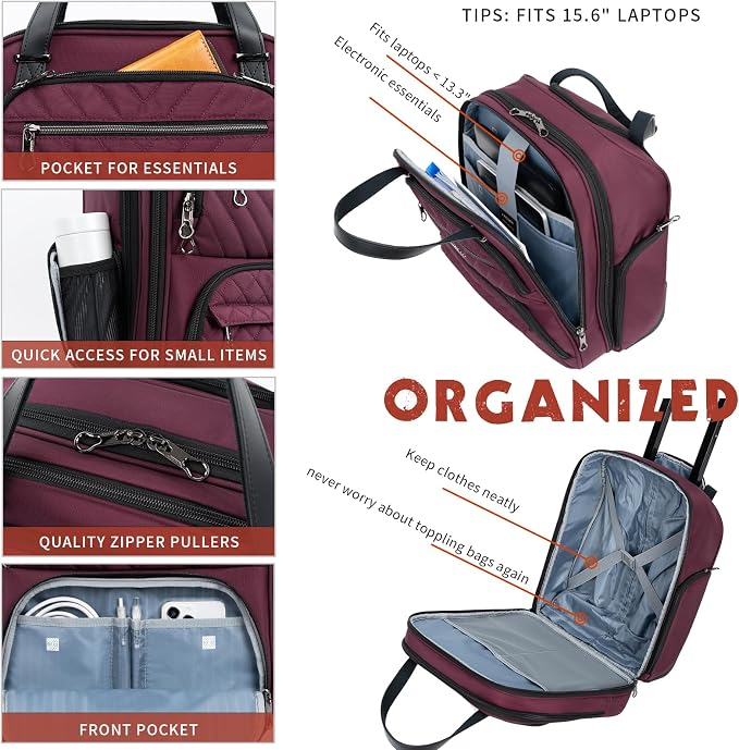 KROSER Carry On Underseat Multi-functional, 16-inch Underseater Lightweight Overnight Suitcase for Women, Burgundy - Image 4